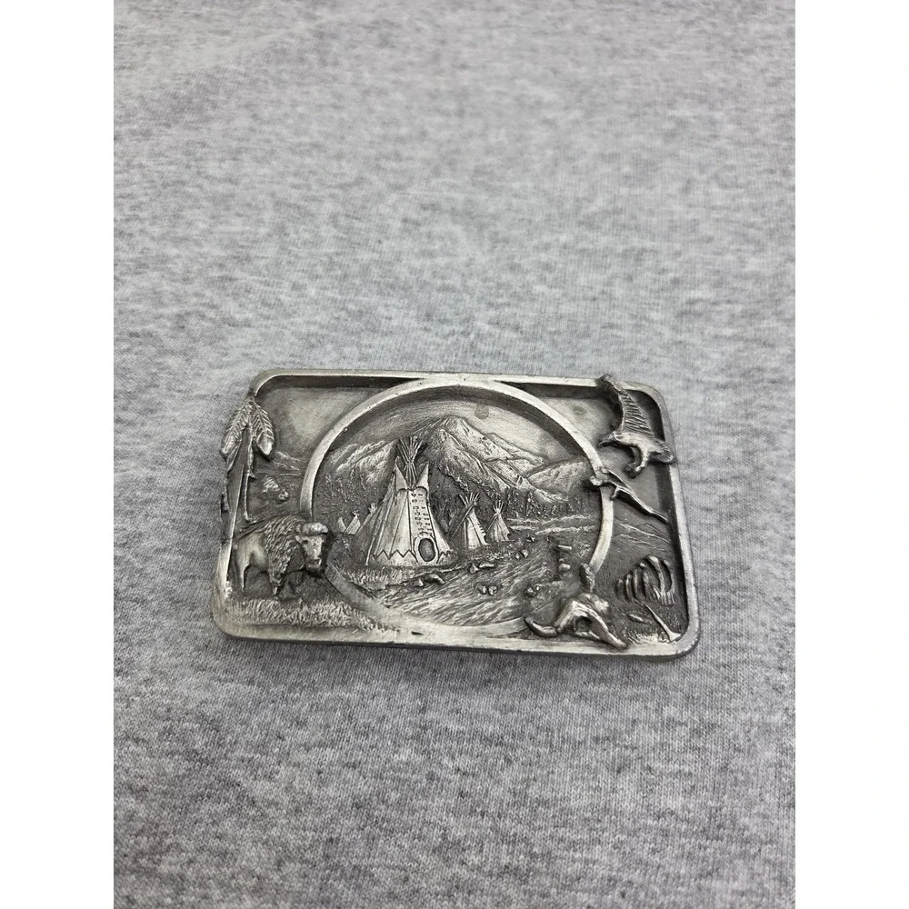 Vintage Siskiyou Native American Teepee Plains Pewter Belt Buckle